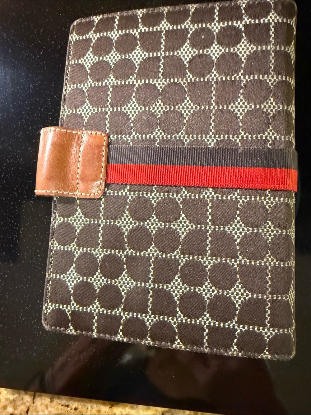 kate spade Brown and Red Patterned Fabric agenda inside never used leather trim